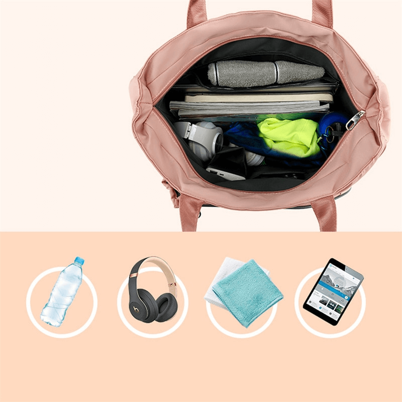 Open sporty stylish bag with essentials like water bottle, headphones, towel, and smartphone, perfect for tennis and badminton players.